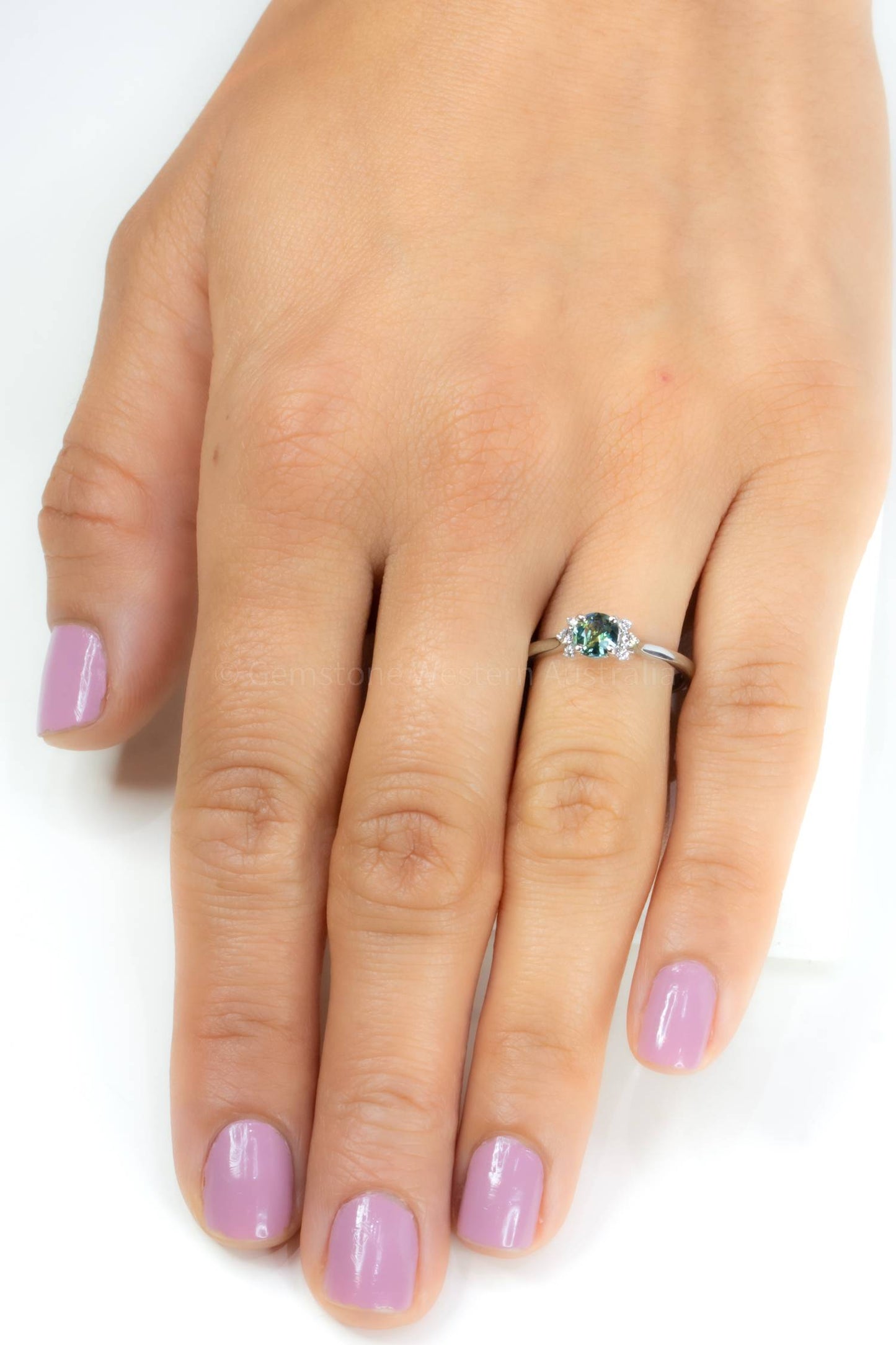Unheated Teal Sapphire and Diamonds Ring in 14K White Gold