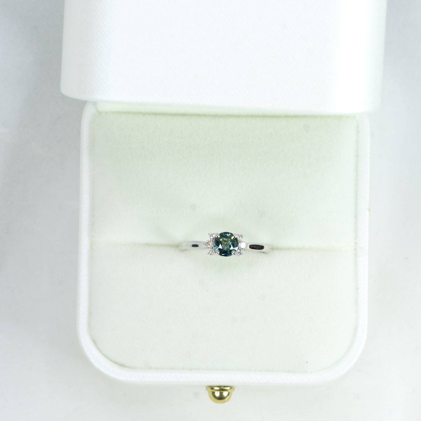 Unheated Teal Sapphire and Diamonds Ring in 14K White Gold
