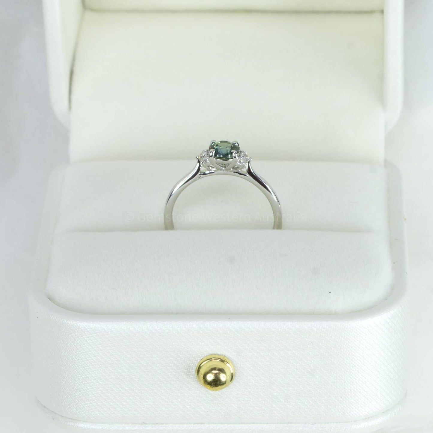 Unheated Teal Sapphire and Diamonds Ring in 14K White Gold