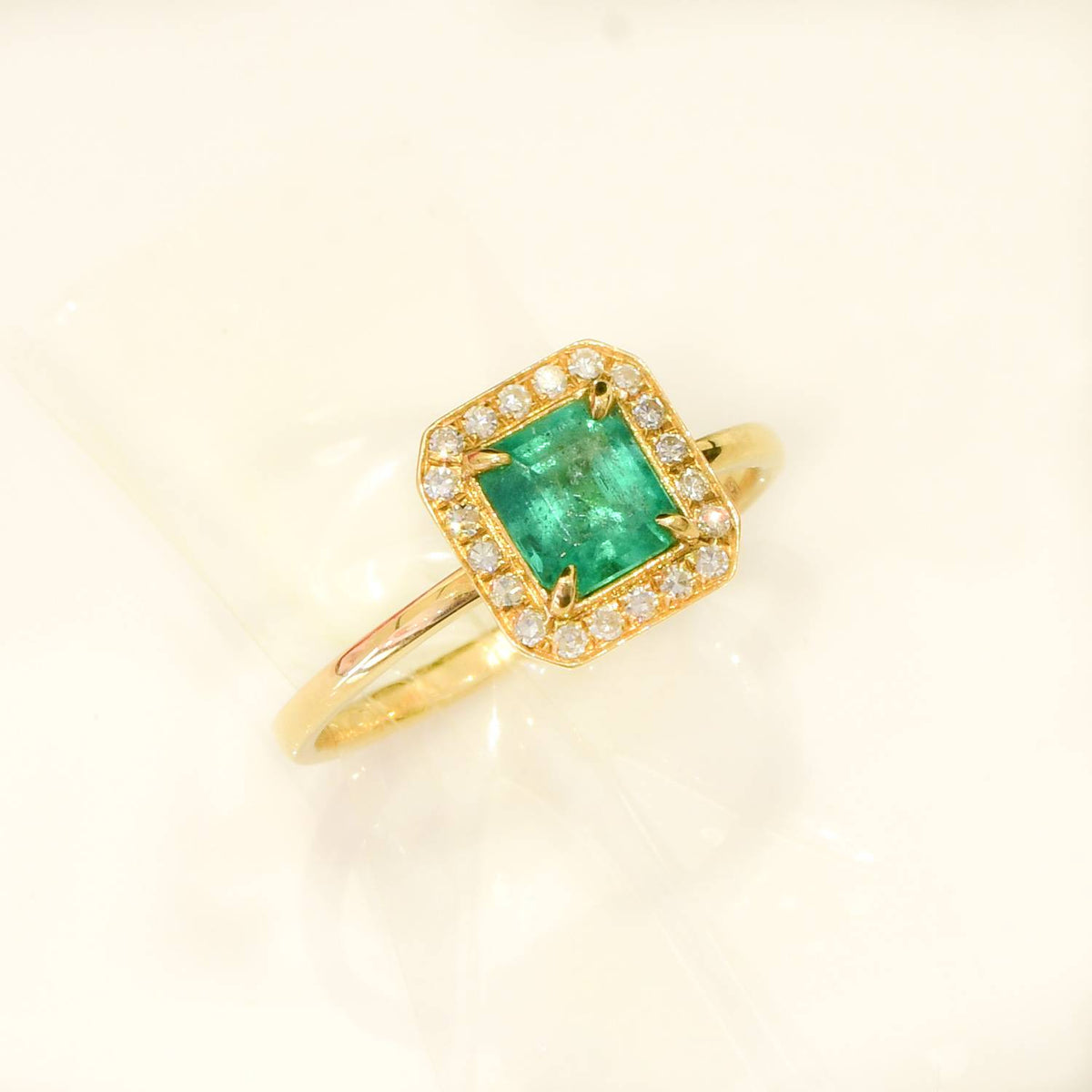 Colombian Emerald and Diamond Halo Ring 18K Gold