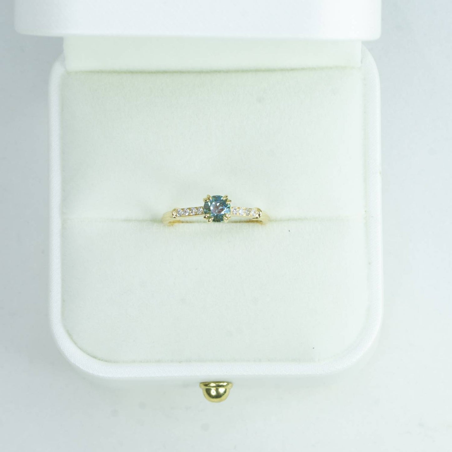 Unheated Teal Sapphire and Diamonds Ring Round Teal Sapphire and Diamond Ring