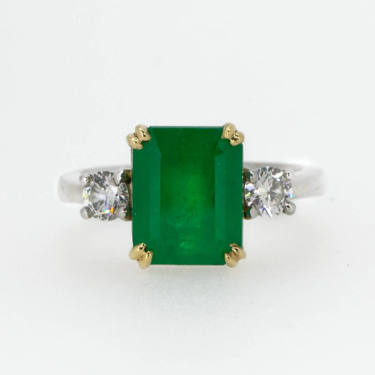 Colombian Emerald and Diamond Three Stone Ring GIA Certified