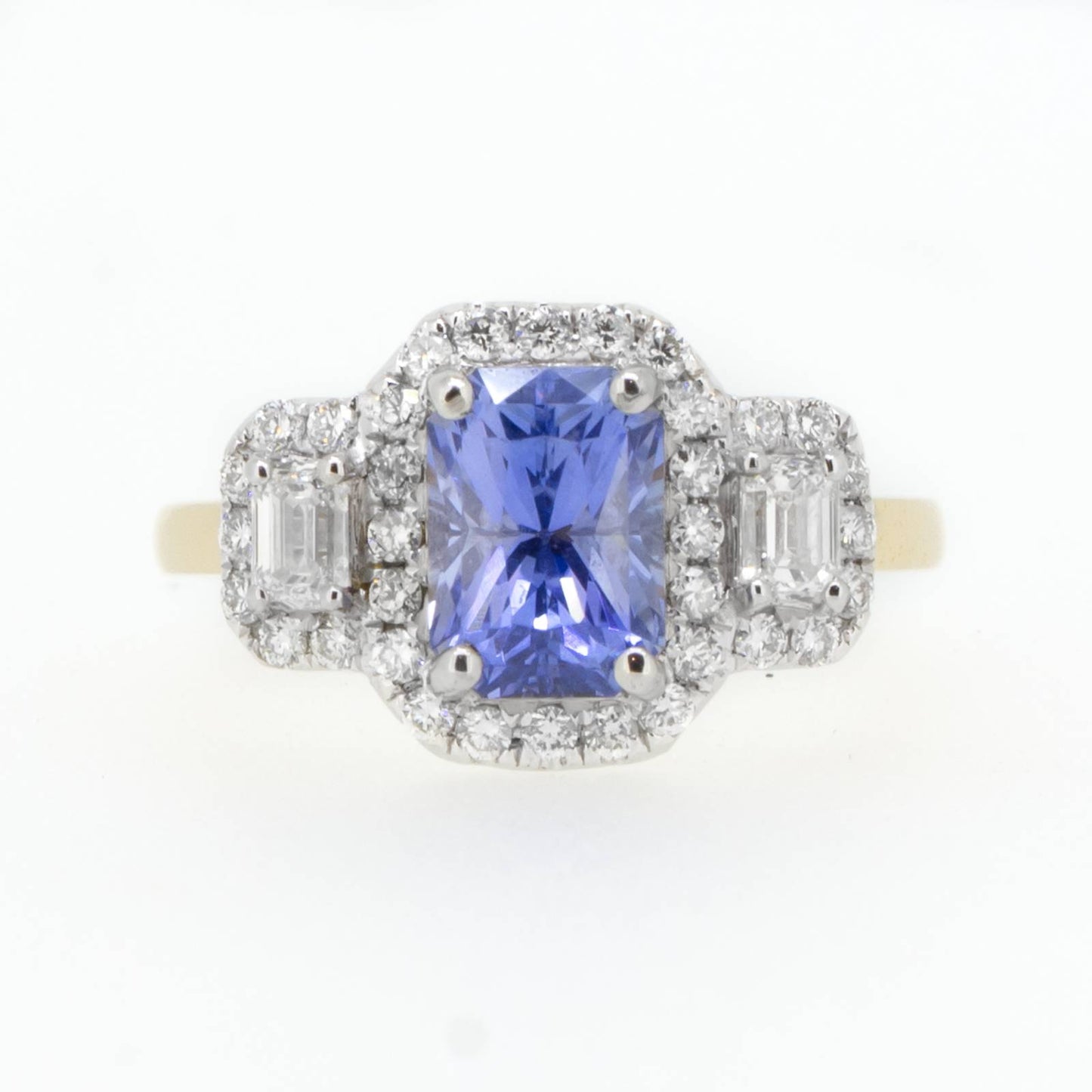 Natural Sapphire Three Stone Halo Ring Sapphire and Diamond Three Stone Ring