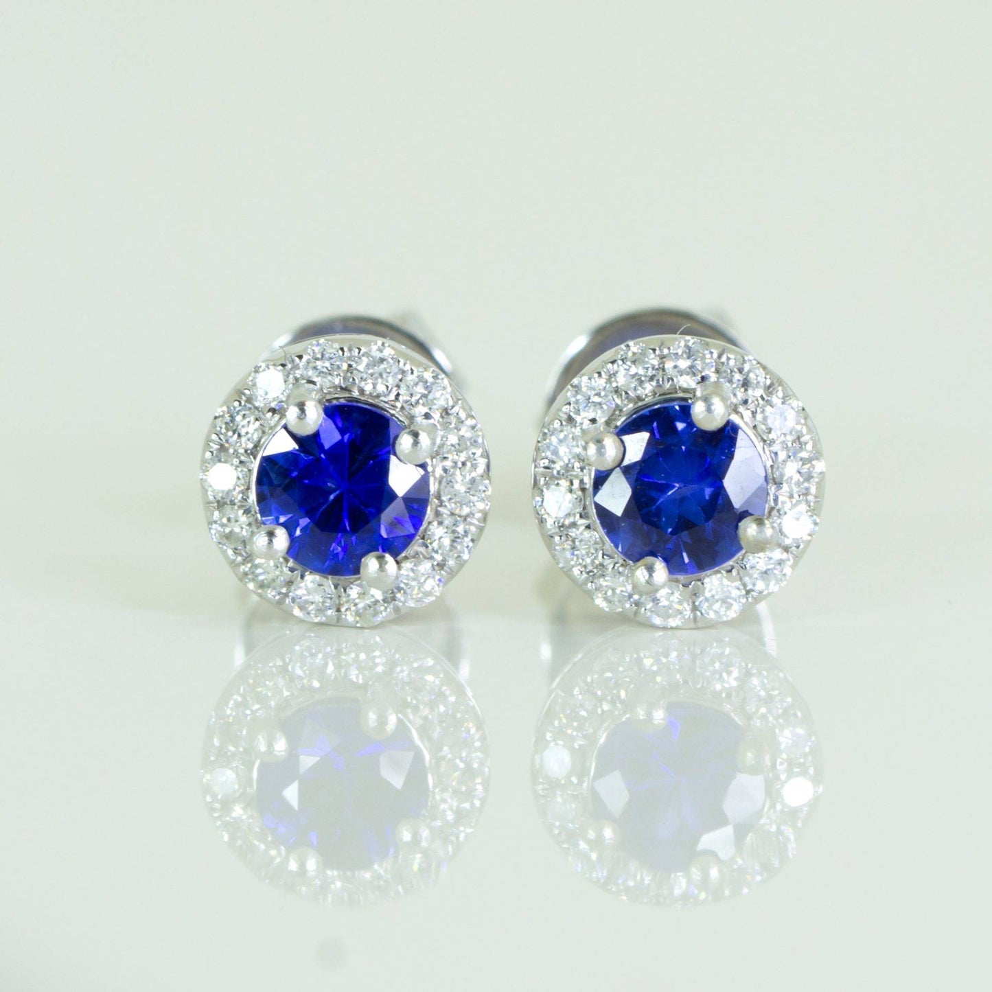Natural Blue Sapphire Stud Earrings Diamond Halo Studs