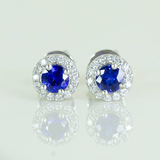 Natural Blue Sapphire Stud Earrings Diamond Halo Studs