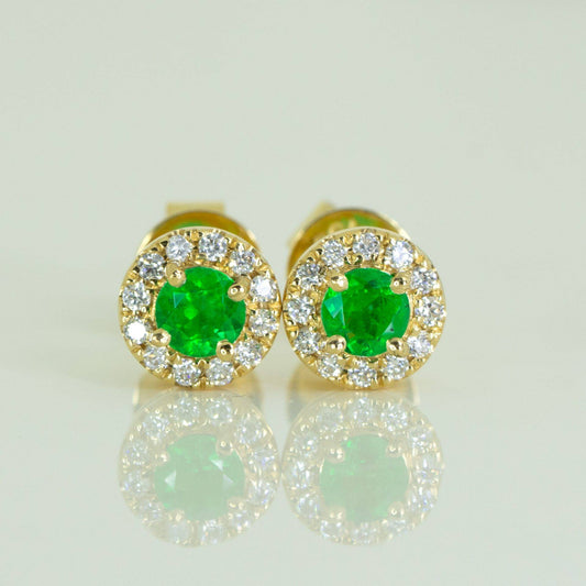 Natural Colombian Emerald and Diamond Studs Natural Emerald Halo Earrings in 18K Gold