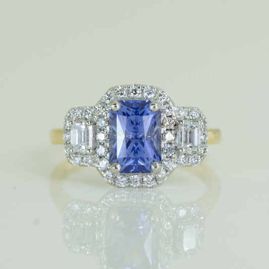 Natural Sapphire Three Stone Halo Ring Sapphire and Diamond Three Stone Ring