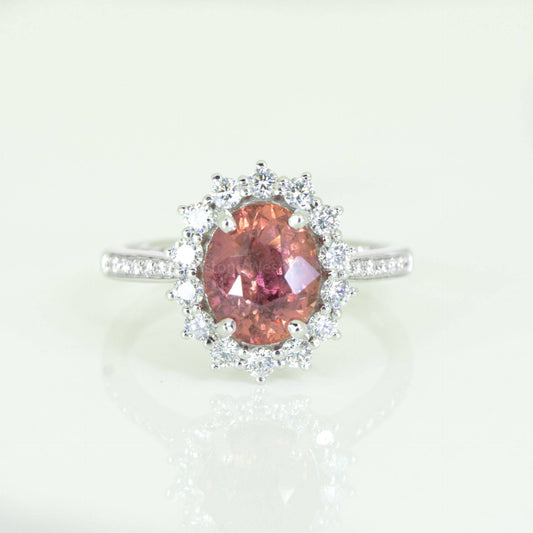 Natural Padparadscha Sapphire Ring with Diamond Halo 18ct Gold