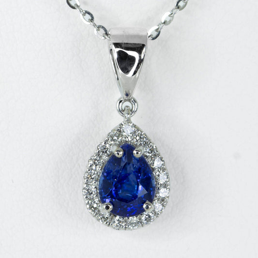 Pear Shape Blue Sapphire Halo Pendant in 18K Gold