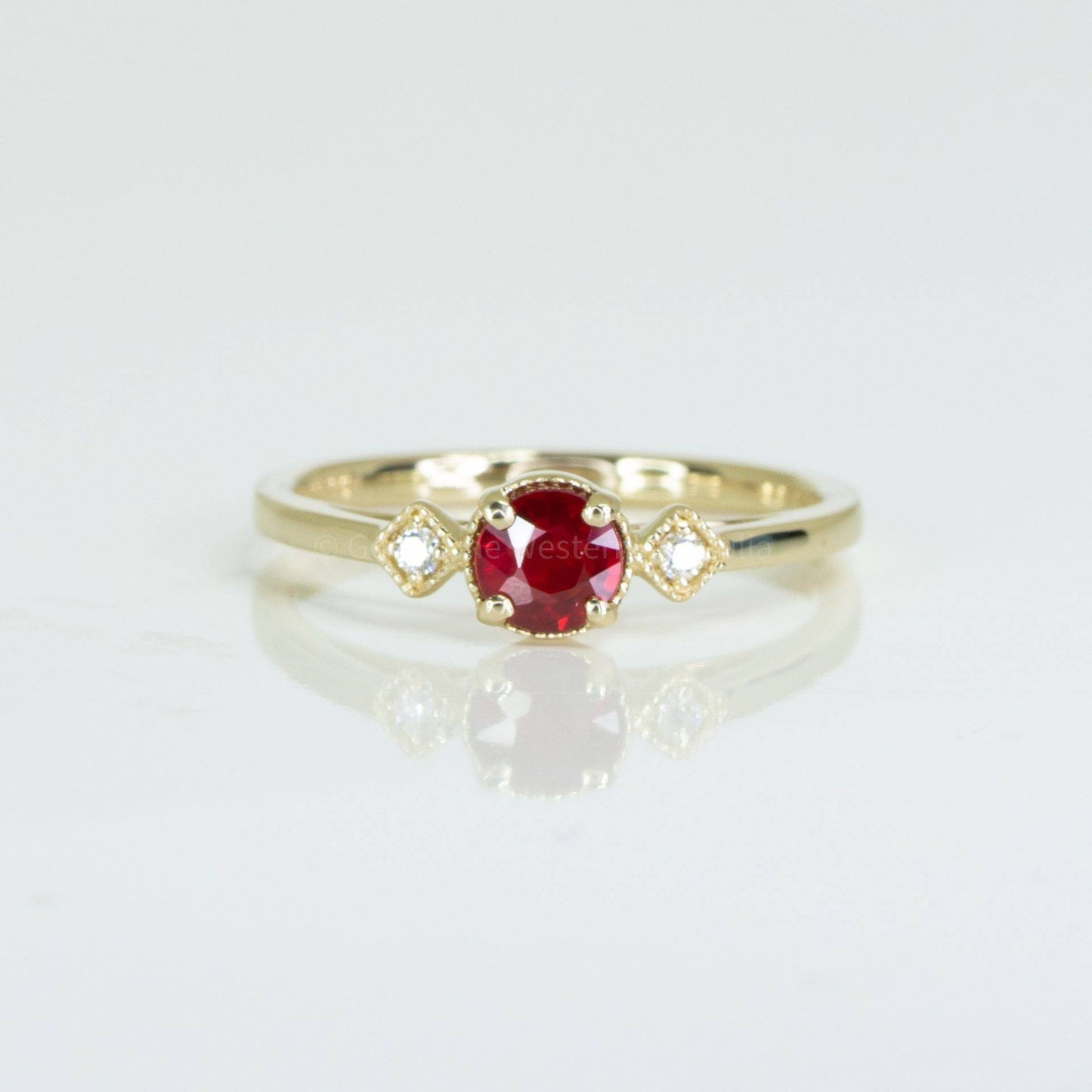 Unheated Ruby Three Stone Ring in 14K Yellow Gold