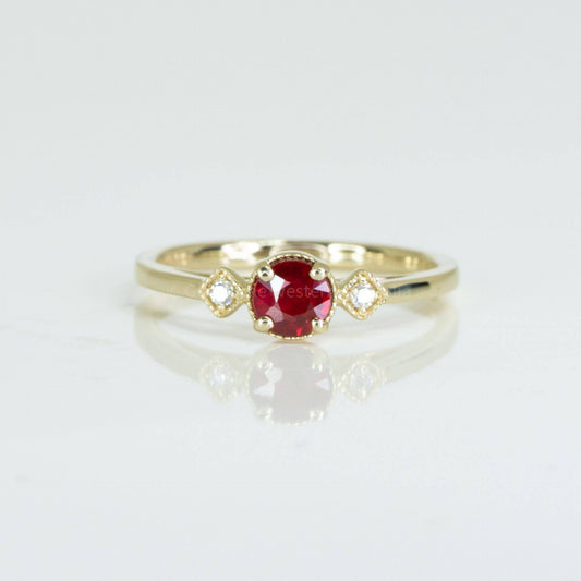 Unheated Ruby Three Stone Ring in 14K Yellow Gold