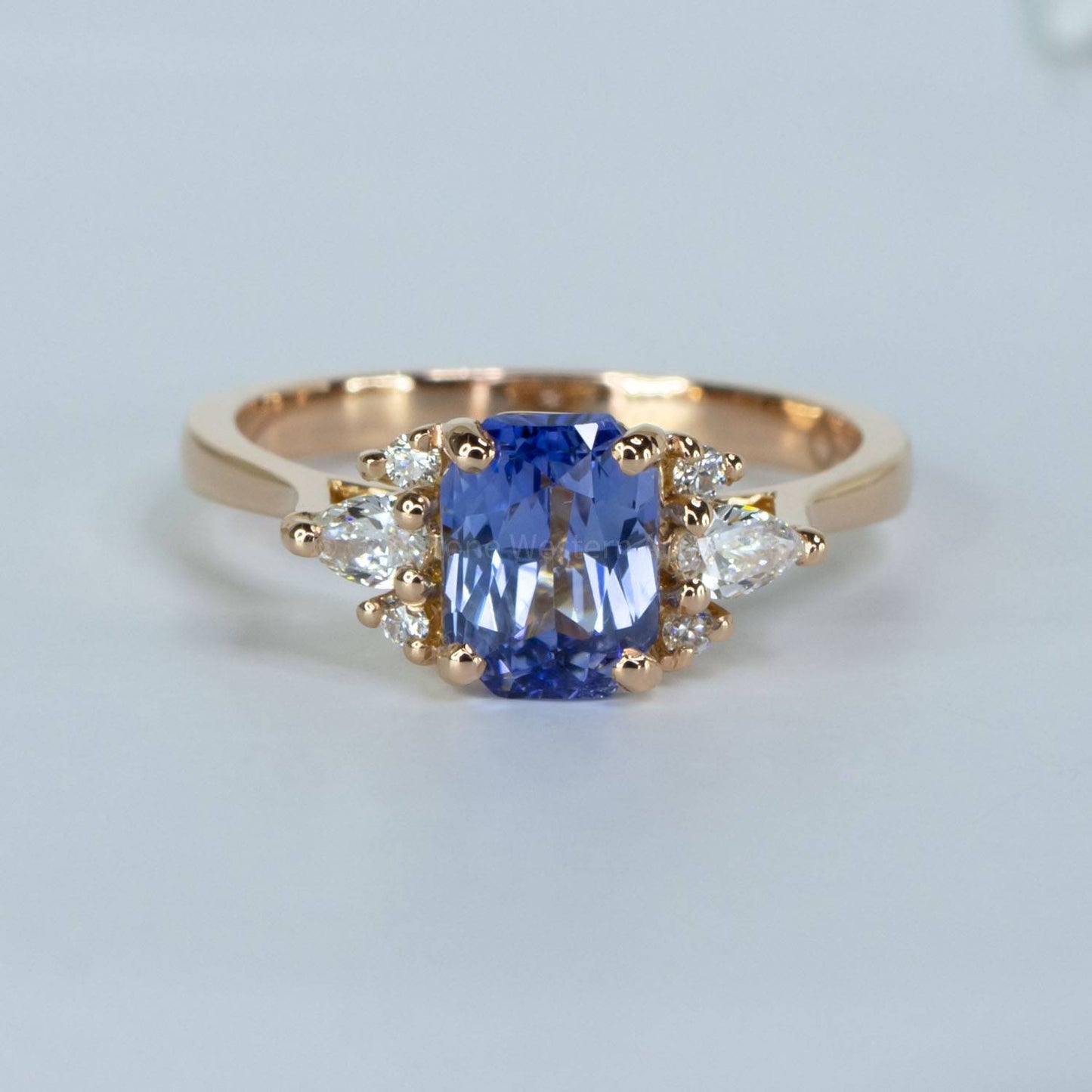 Unheated Light Blue Sapphire and Diamonds Ring in 18K Rose Gold