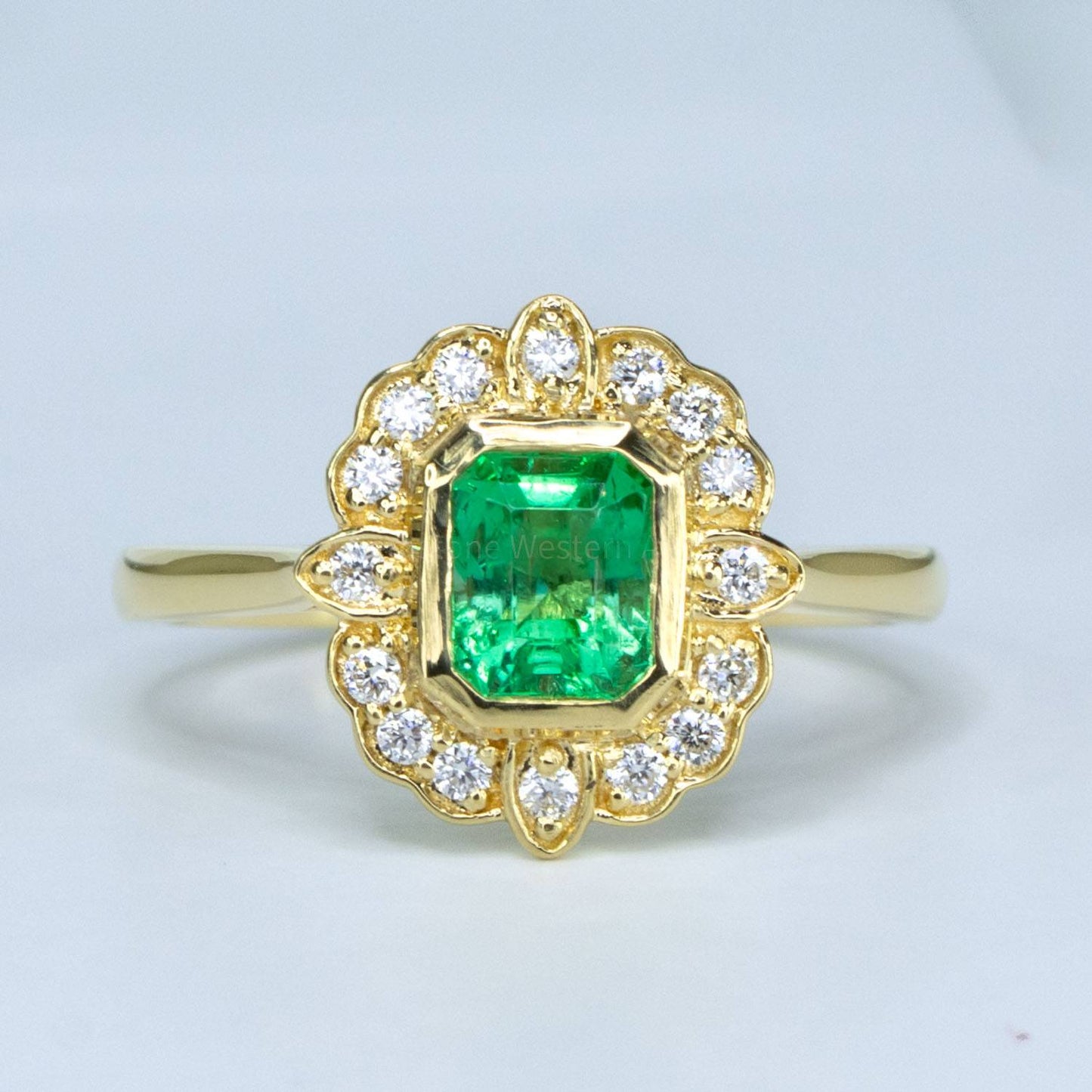 Emerald Cut Colombian Emerald Diamonds Ring, 18K Gold Art Deco inspired Emerald Ring, Emerald Cut Emerald Gold Ring, Art Deco Style Ring