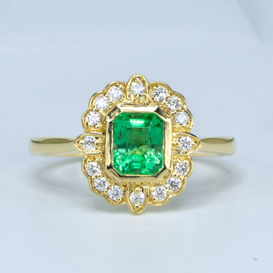 Emerald Cut Colombian Emerald Diamonds Ring, 18K Gold Art Deco inspired Emerald Ring, Emerald Cut Emerald Gold Ring, Art Deco Style Ring
