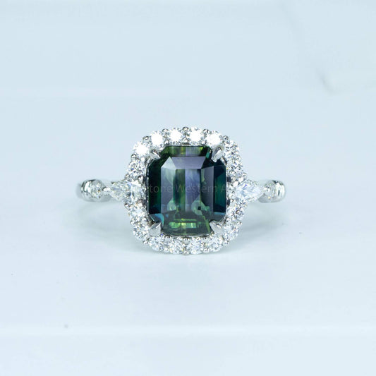 3.13ct Natural Unheated Bluish Green Sapphire Ring in Platinum