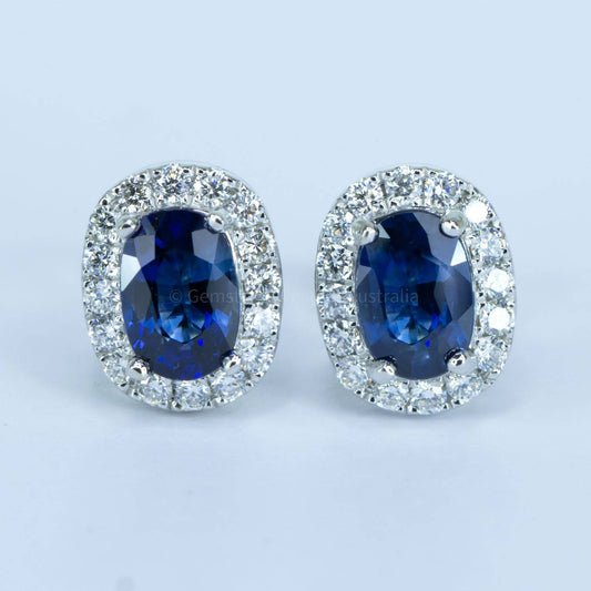 1.3ct Natural sapphire stud earrings in 18K Gold I  Diamond Halo Studs