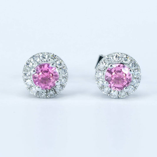 Natural Pink Sapphire Earrings  |  Diamond Halo Stud Earrings