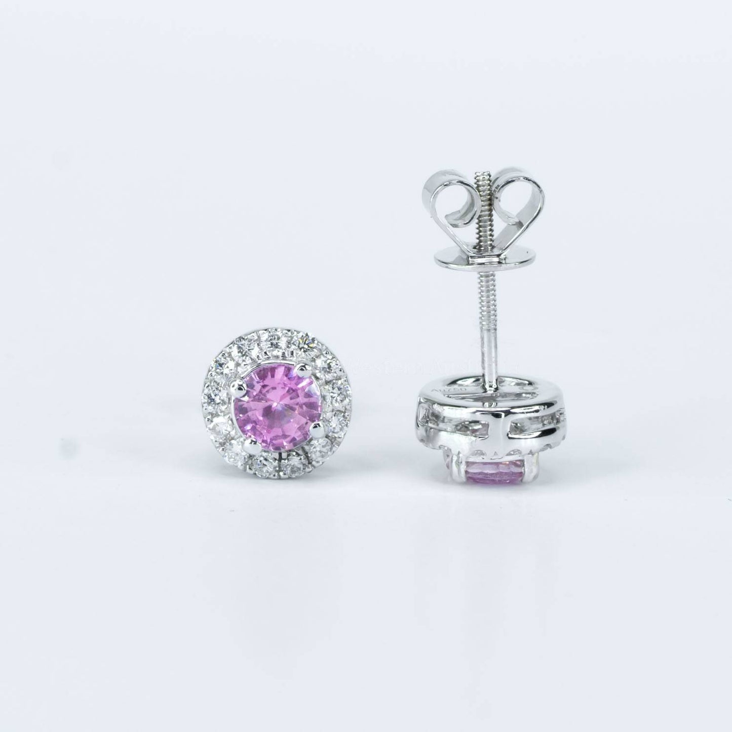 Natural Pink Sapphire Earrings  |  Diamond Halo Stud Earrings