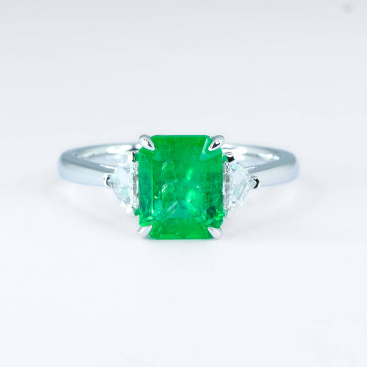 2.21ct Emerald Cut Emerald Ring | Colombian Emerald and Diamonds Three Stone Ring