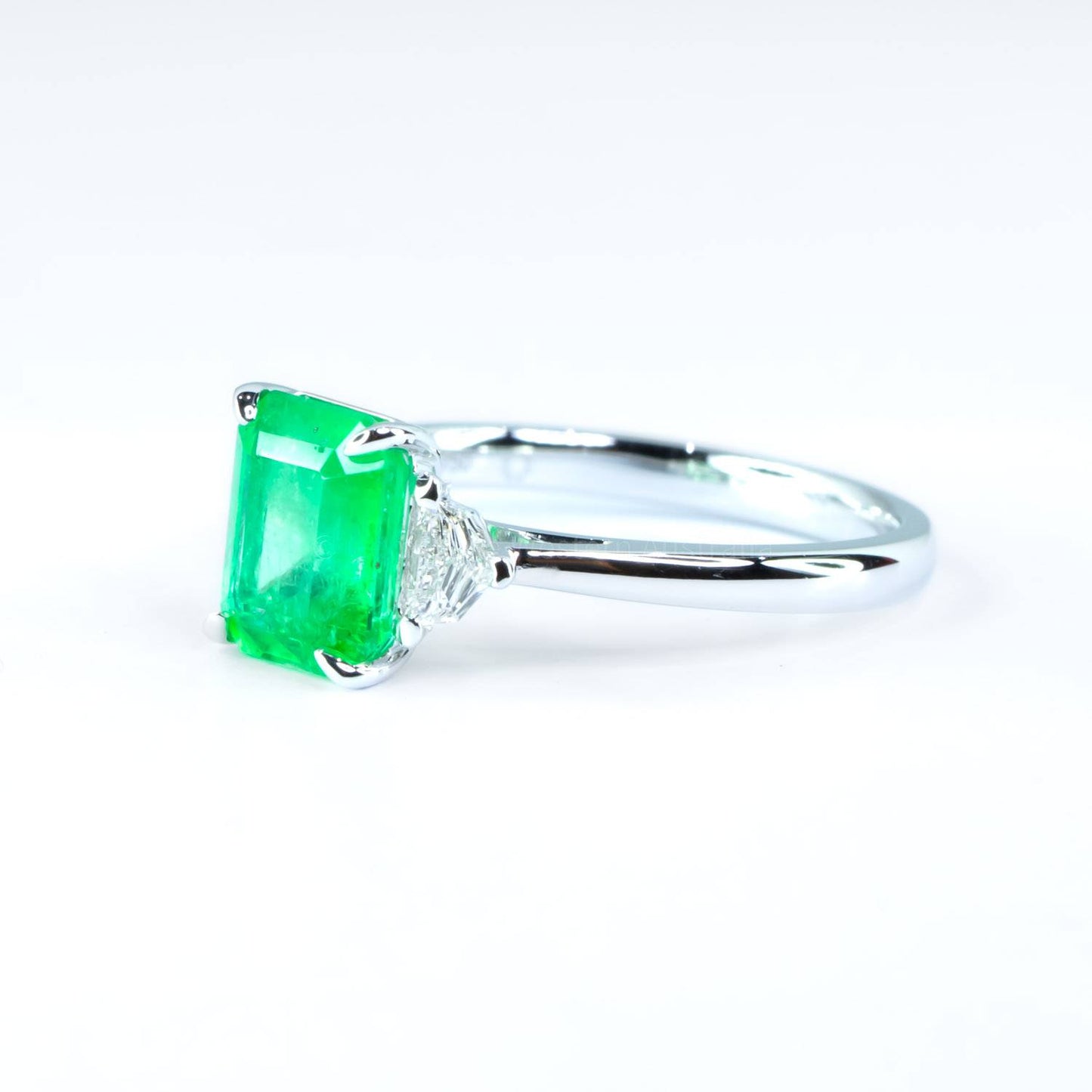 2.21ct Emerald Cut Emerald Ring | Colombian Emerald and Diamonds Three Stone Ring