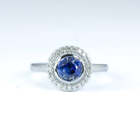 1.64ct Natural Blue Sapphire Ring | Diamond Floating Halo Ring in Platinum