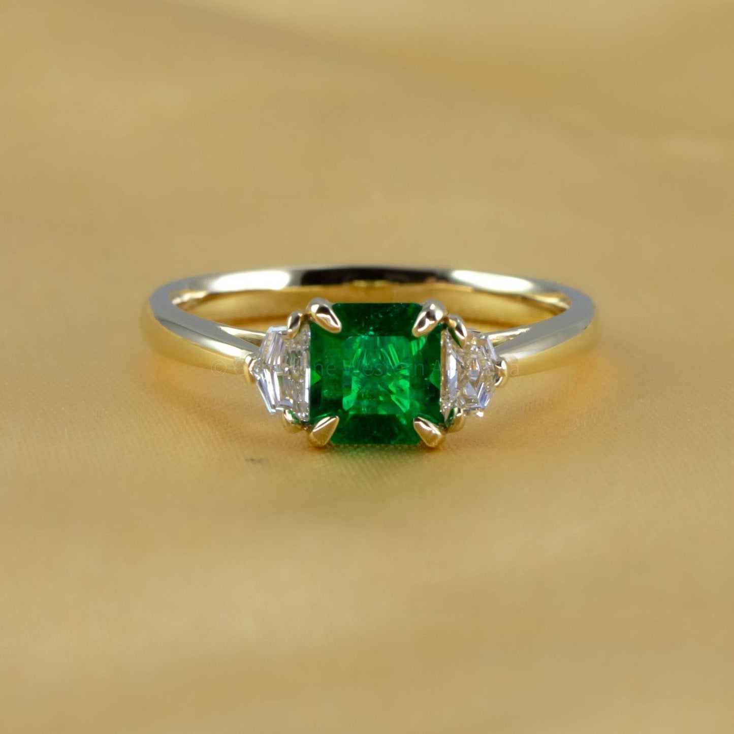 Emerald Cut Emerald and Cadillac Diamonds Three Stone Ring