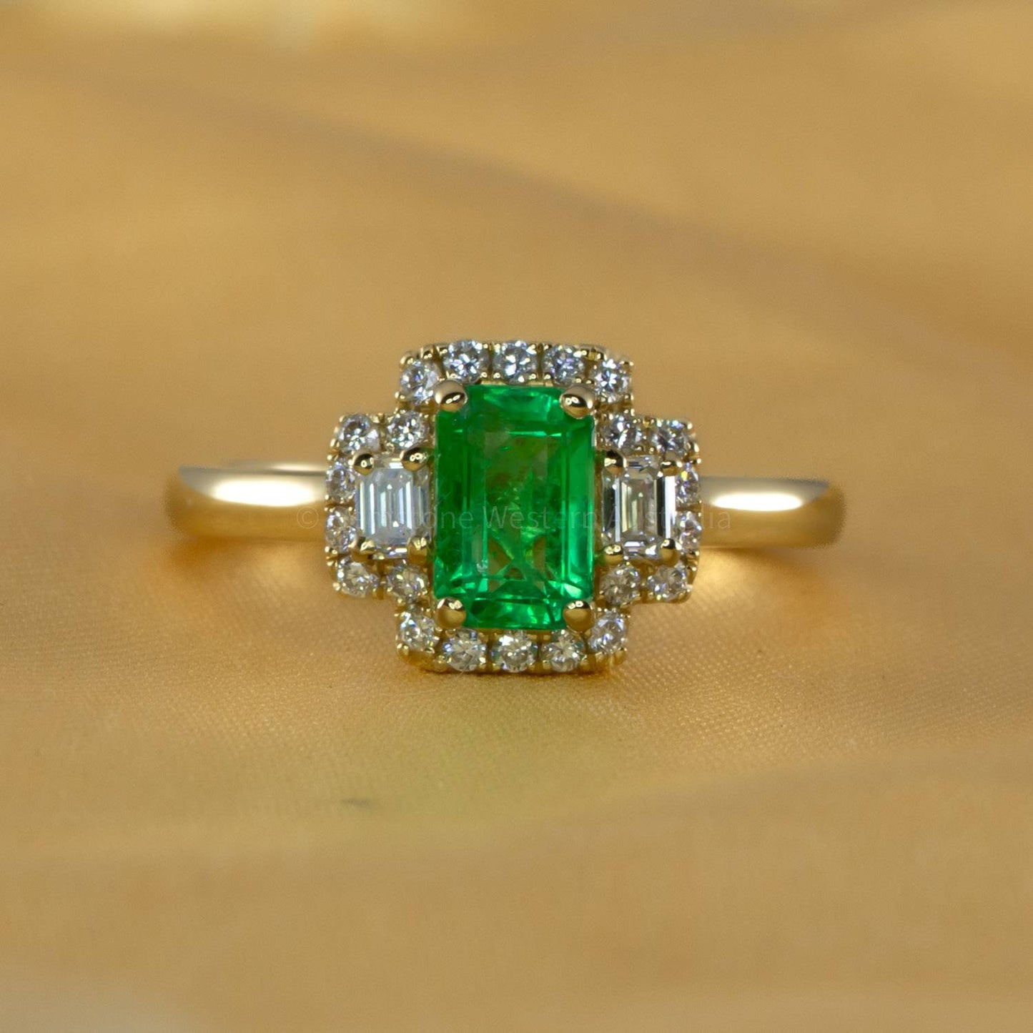 Colombian Emerald Three Stone Halo Ring Emerald and Diamond Three Stone Ring