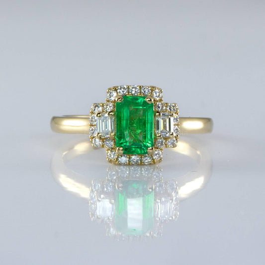 Colombian Emerald Three Stone Halo Ring Emerald and Diamond Three Stone Ring
