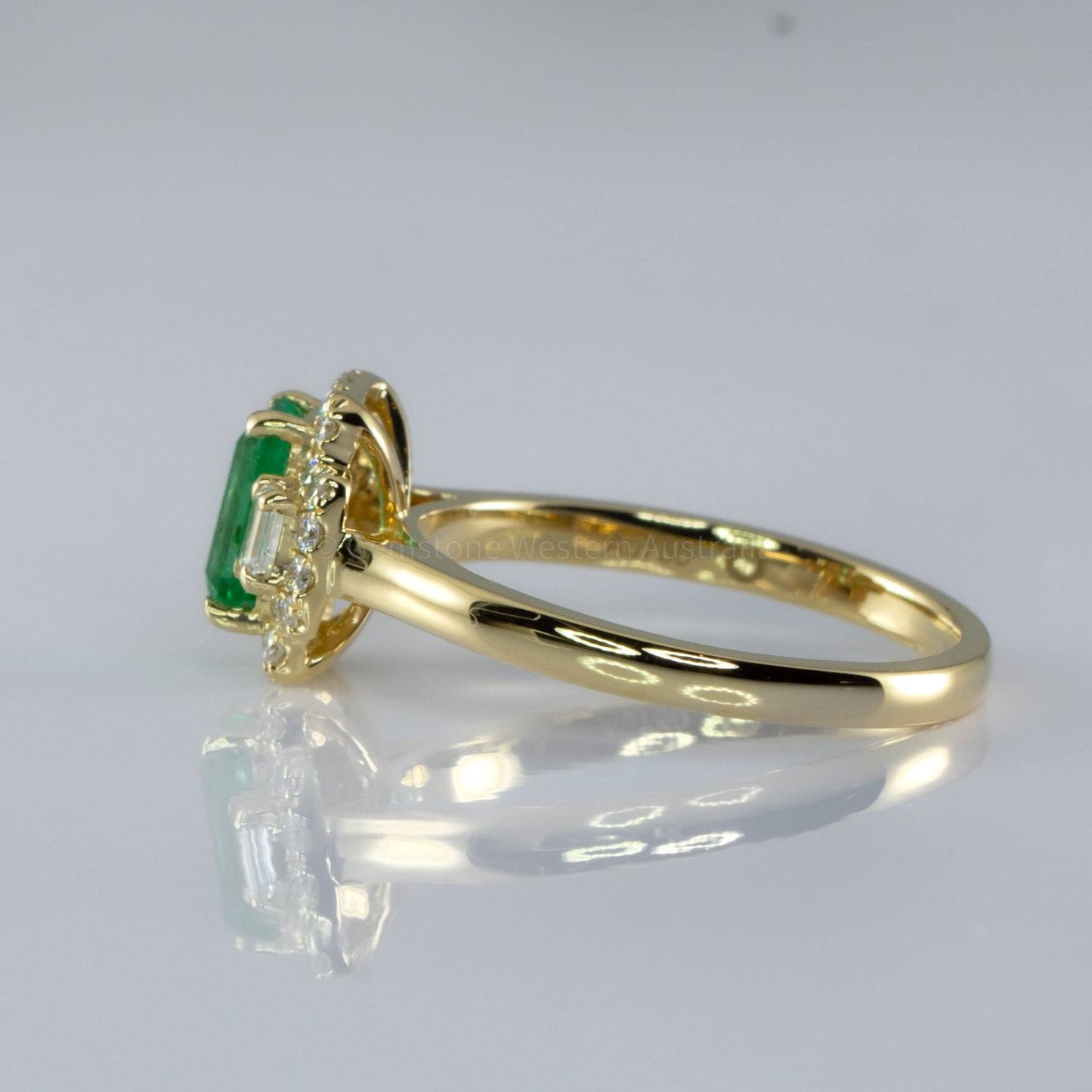 Colombian Emerald Three Stone Halo Ring Emerald and Diamond Three Stone Ring