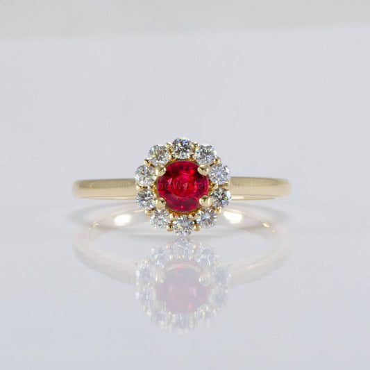 Natural Round Ruby Halo Ring | 18K Yellow Gold Ruby Ring