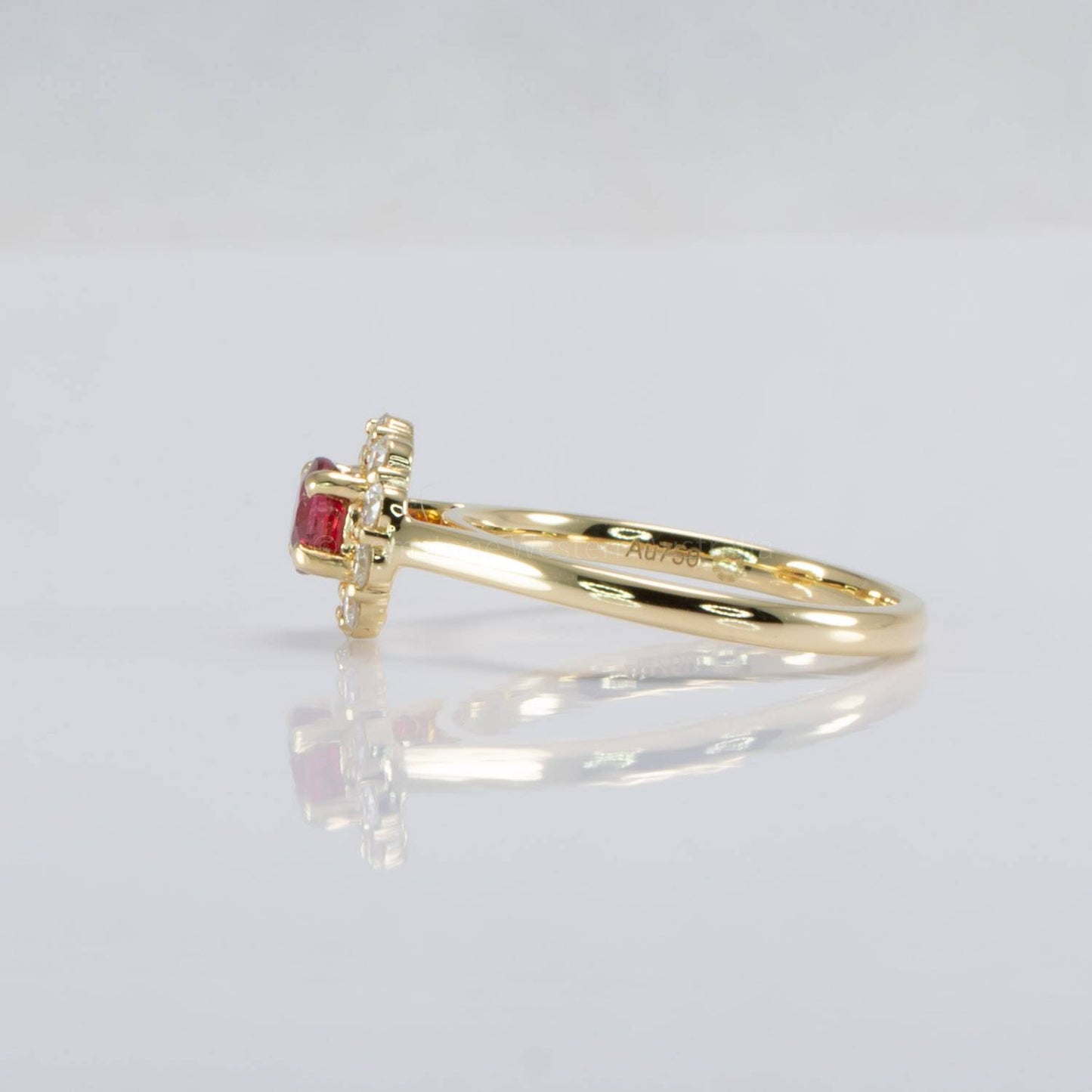 Natural Round Ruby Halo Ring | 18K Yellow Gold Ruby Ring