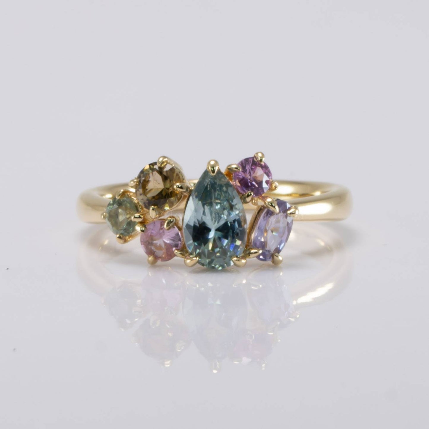 Pear Shape Teal Sapphire in 18K Yellow Gold Asymmetrical Ring