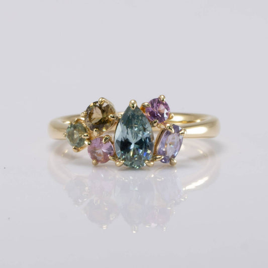 Pear Shape Teal Sapphire in 18K Yellow Gold Asymmetrical Ring