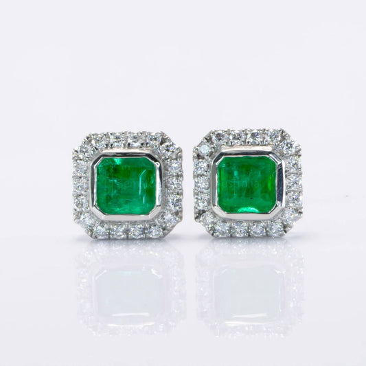Emerald Cut Emerald Studs | Colombian Emerald and Diamond Halo Earrings