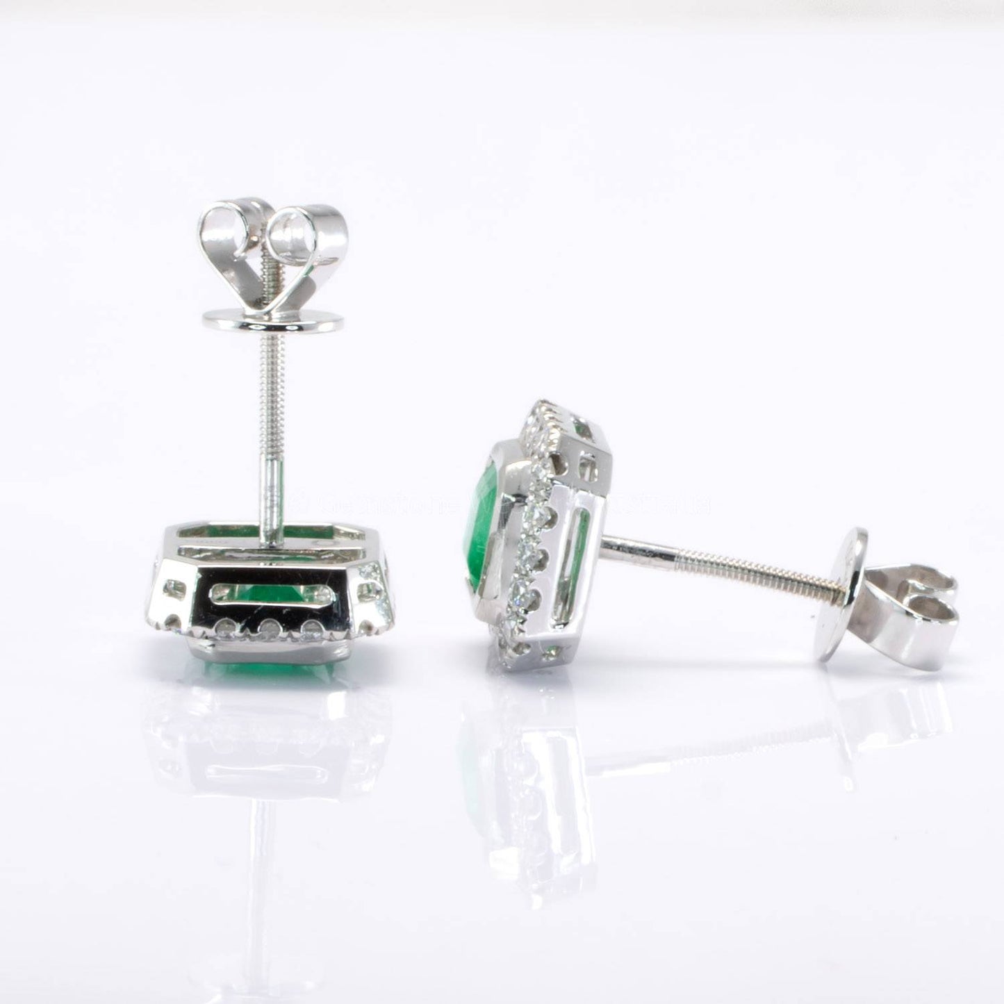 Emerald Cut Emerald Studs | Colombian Emerald and Diamond Halo Earrings