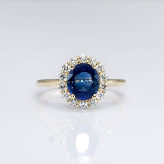 1.68ct Blue Sapphire Ring ft. Halo of Round Diamonds | Natural Sapphire Halo Ring