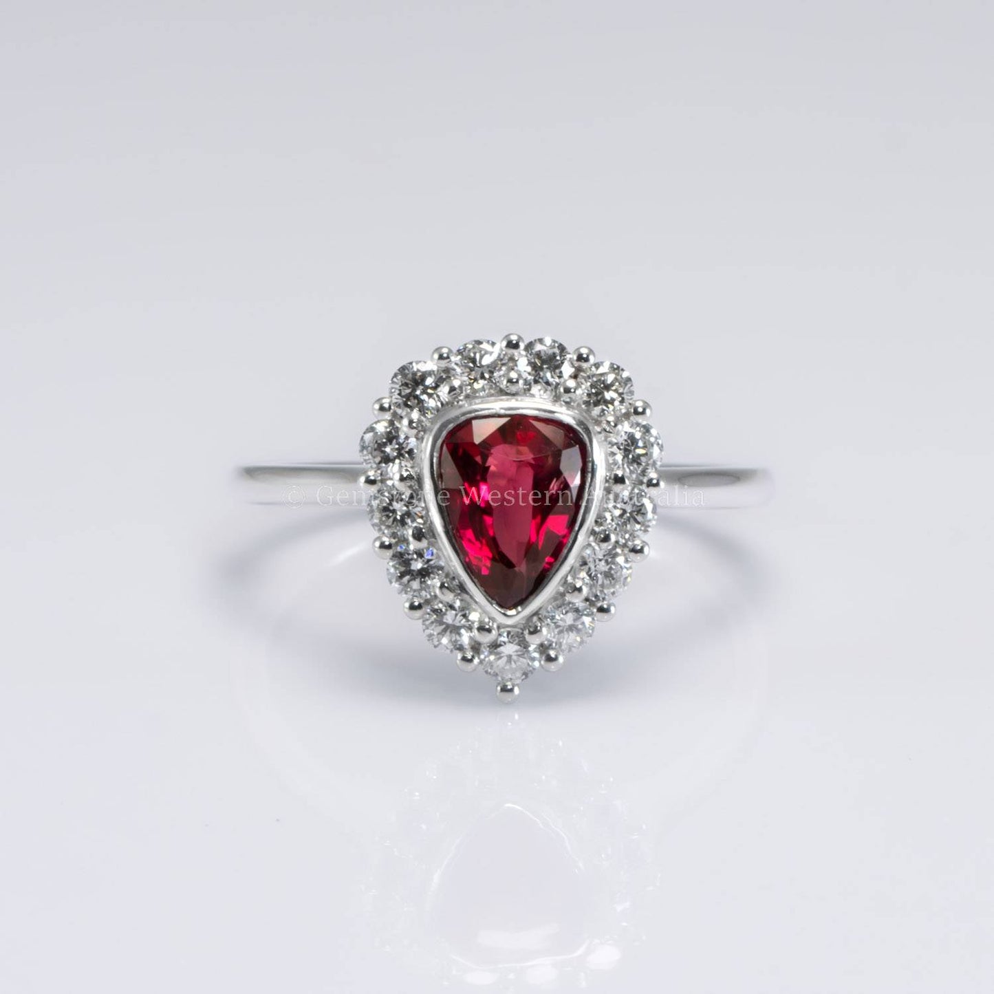 1 Carat Pear Mixed-Cut Ruby Halo Ring in Platinum | Pigeon Blood Red Colour Ruby Ring