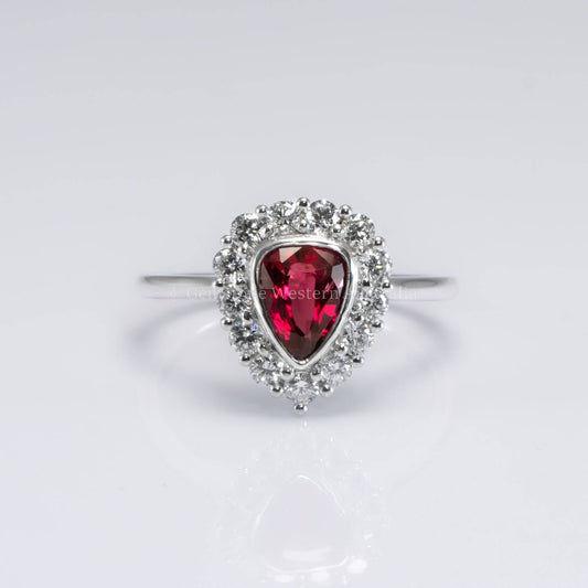 1 Carat Pear Mixed-Cut Ruby Halo Ring in Platinum | Pigeon Blood Red Colour Ruby Ring