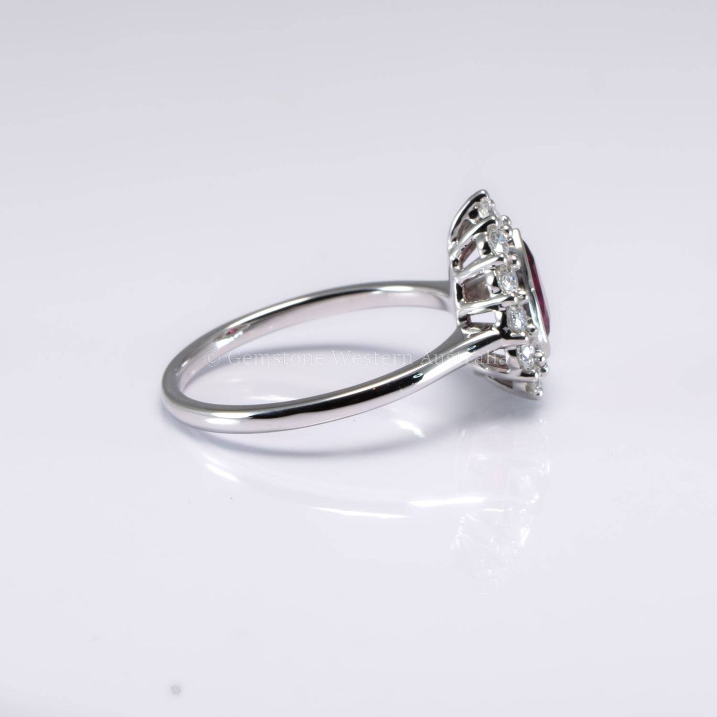 1 Carat Pear Mixed-Cut Ruby Halo Ring in Platinum | Pigeon Blood Red Colour Ruby Ring