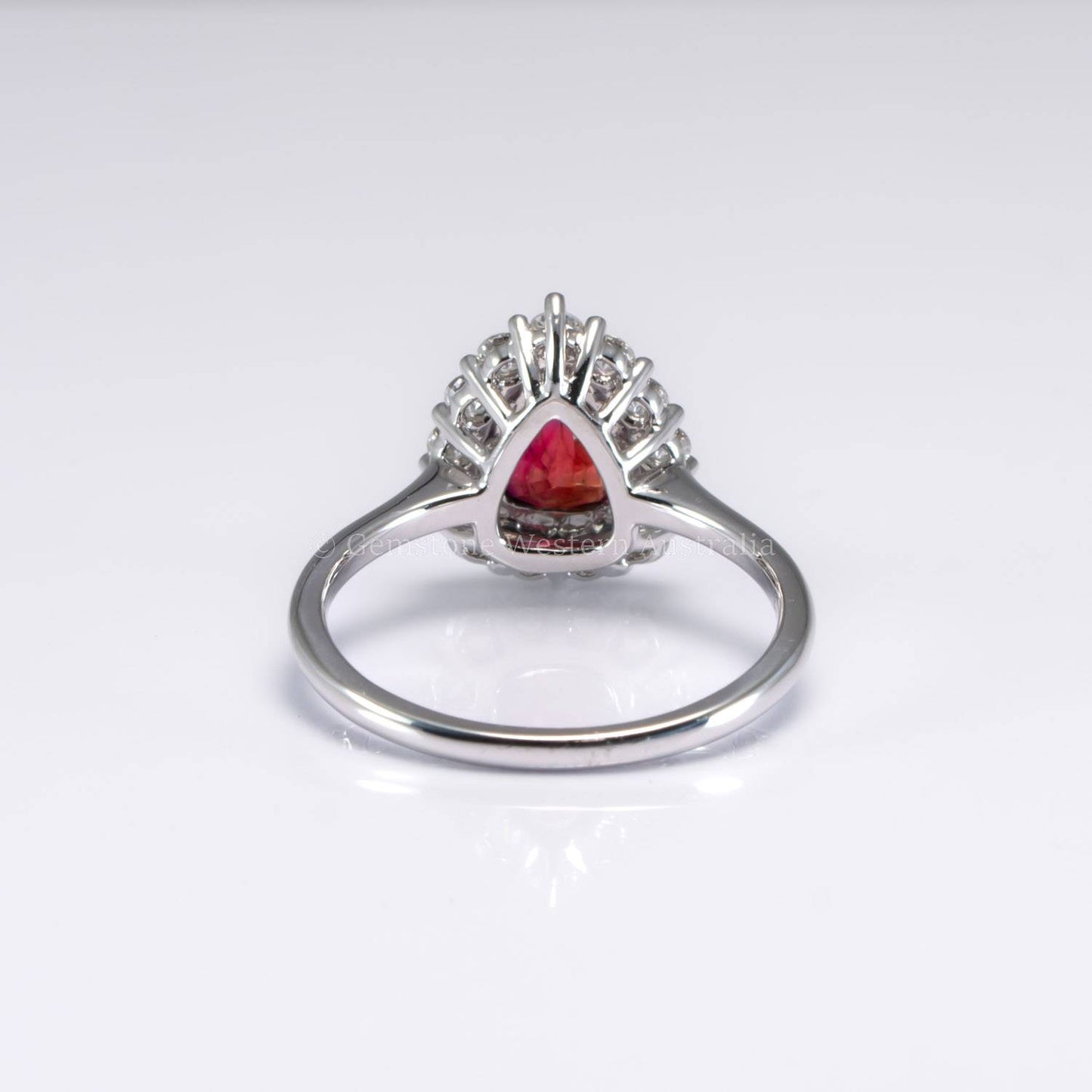 1 Carat Pear Mixed-Cut Ruby Halo Ring in Platinum | Pigeon Blood Red Colour Ruby Ring