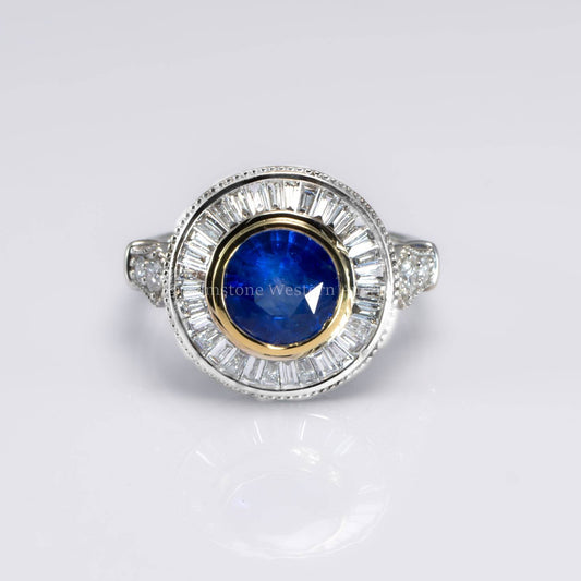 Vintage Style Natural Blue Sapphire Ring |ArtDeco Diamond Halo Ring