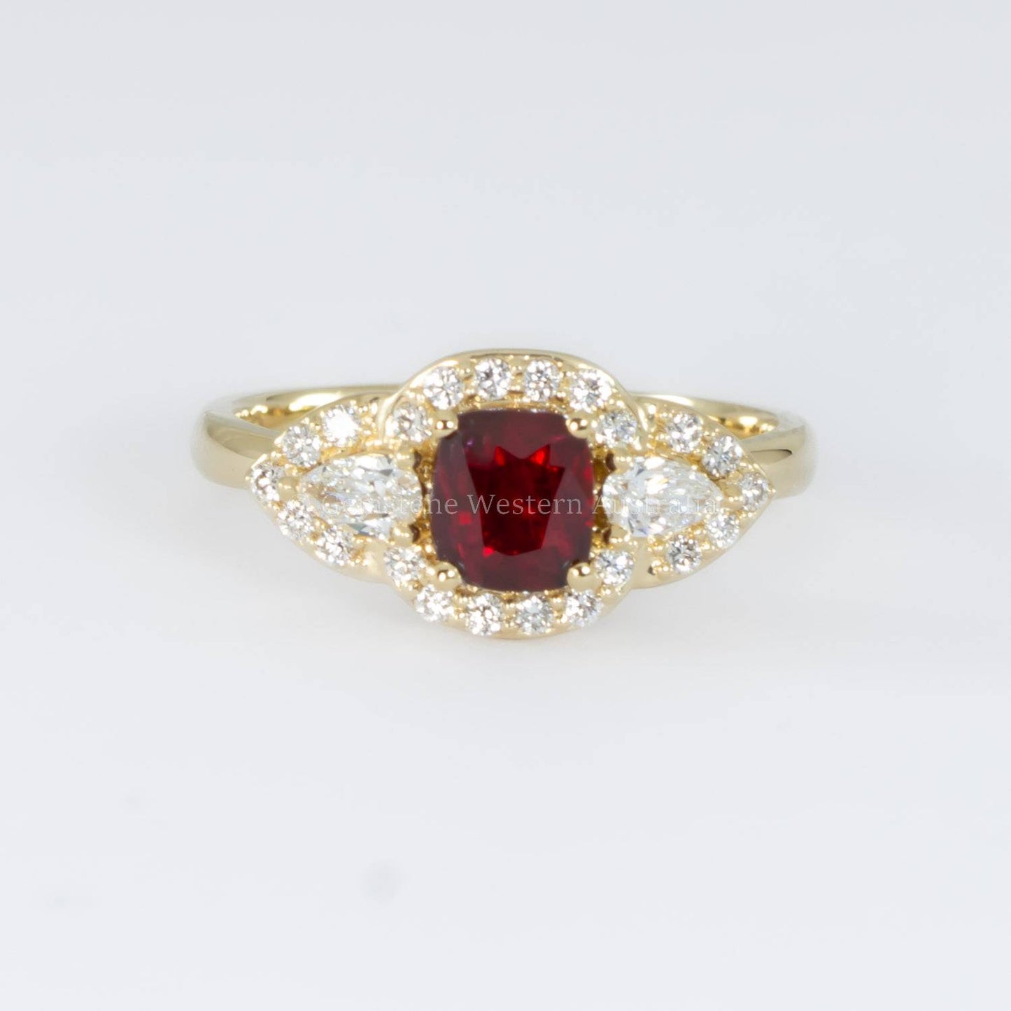 1 Carat Cushion Cut Ruby and Diamond Halo Ring in 18K Yellow Gold