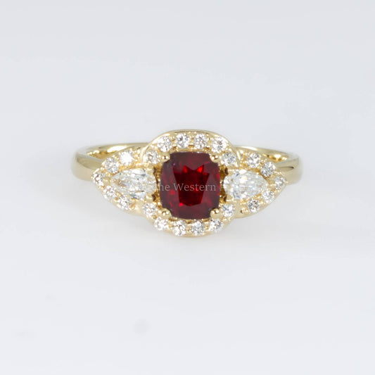1 Carat Cushion Cut Ruby and Diamond Halo Ring in 18K Yellow Gold