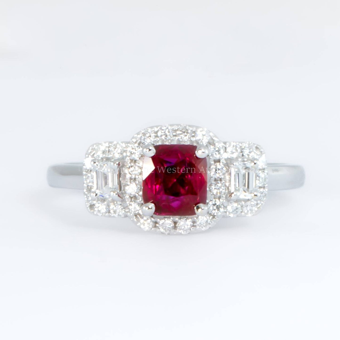 Natural Unheated Ruby Three Stone Halo Ring Ruby and Diamond Three Stone Ring