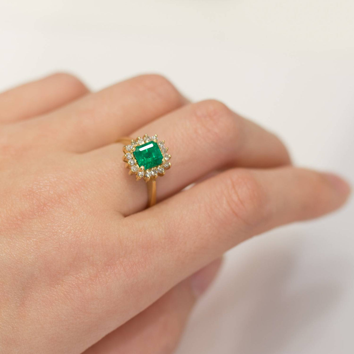 Colombian Emerald and Diamond Halo Ring Emerald Cut 18k Gold