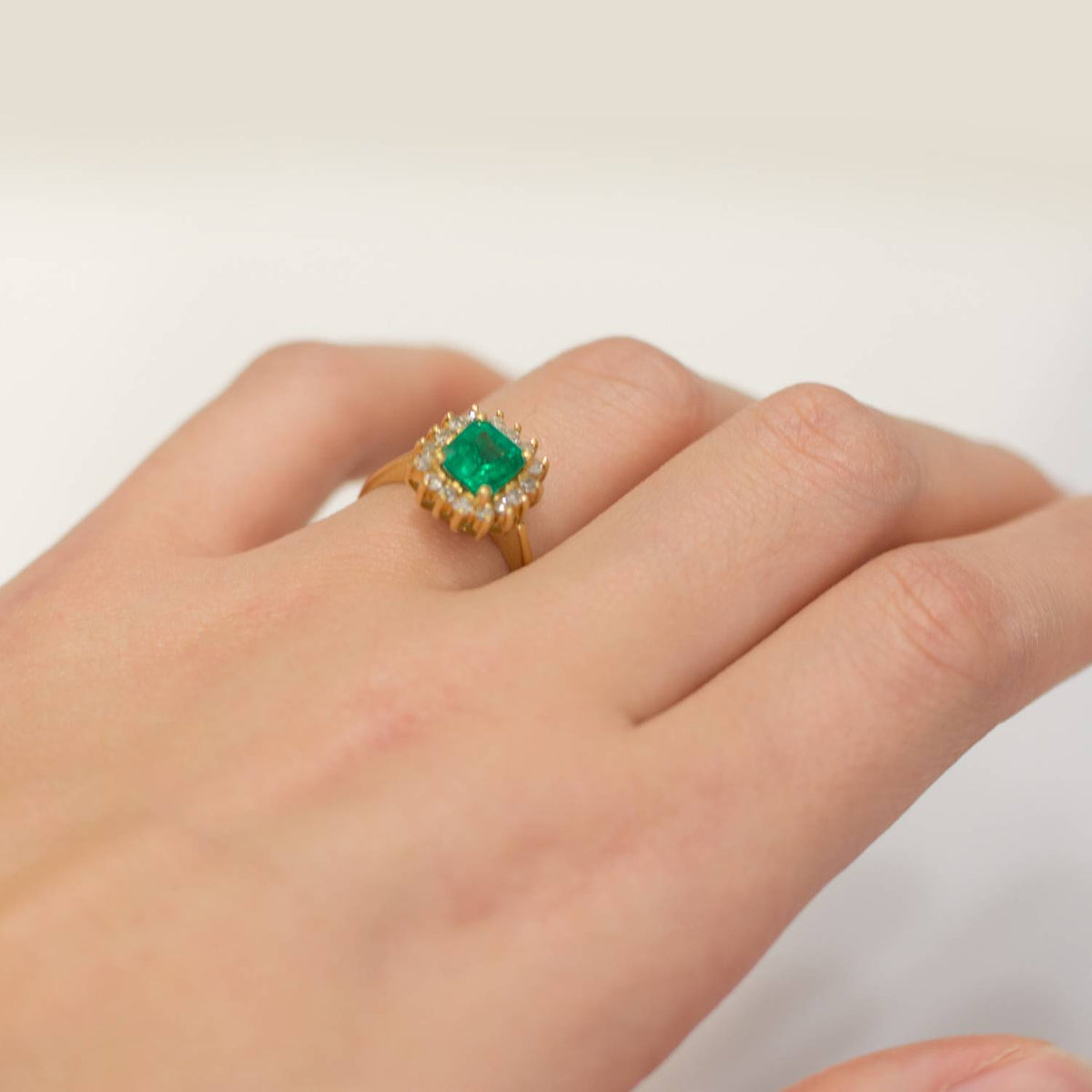 Colombian Emerald and Diamond Halo Ring Emerald Cut 18k Gold