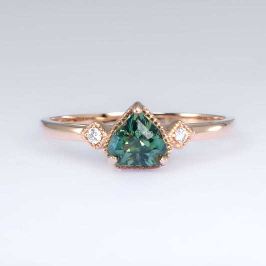 1.02ct Shield Cut Natural Unheated Teal Sapphire Ring in 18K Rose Gold with Diamonds