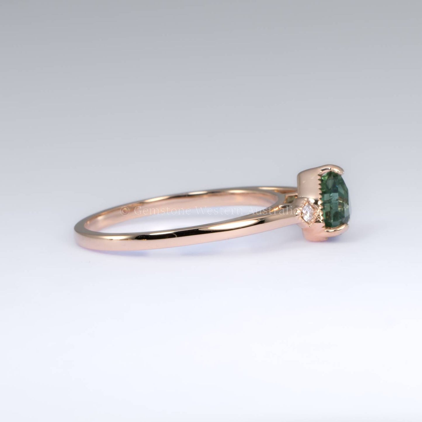 1.02ct Shield Cut Natural Unheated Teal Sapphire Ring in 18K Rose Gold with Diamonds