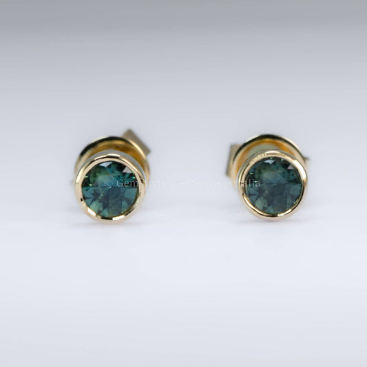 Australian Teal Sapphire Bezel Stud Earrings in 18K Yellow Gold