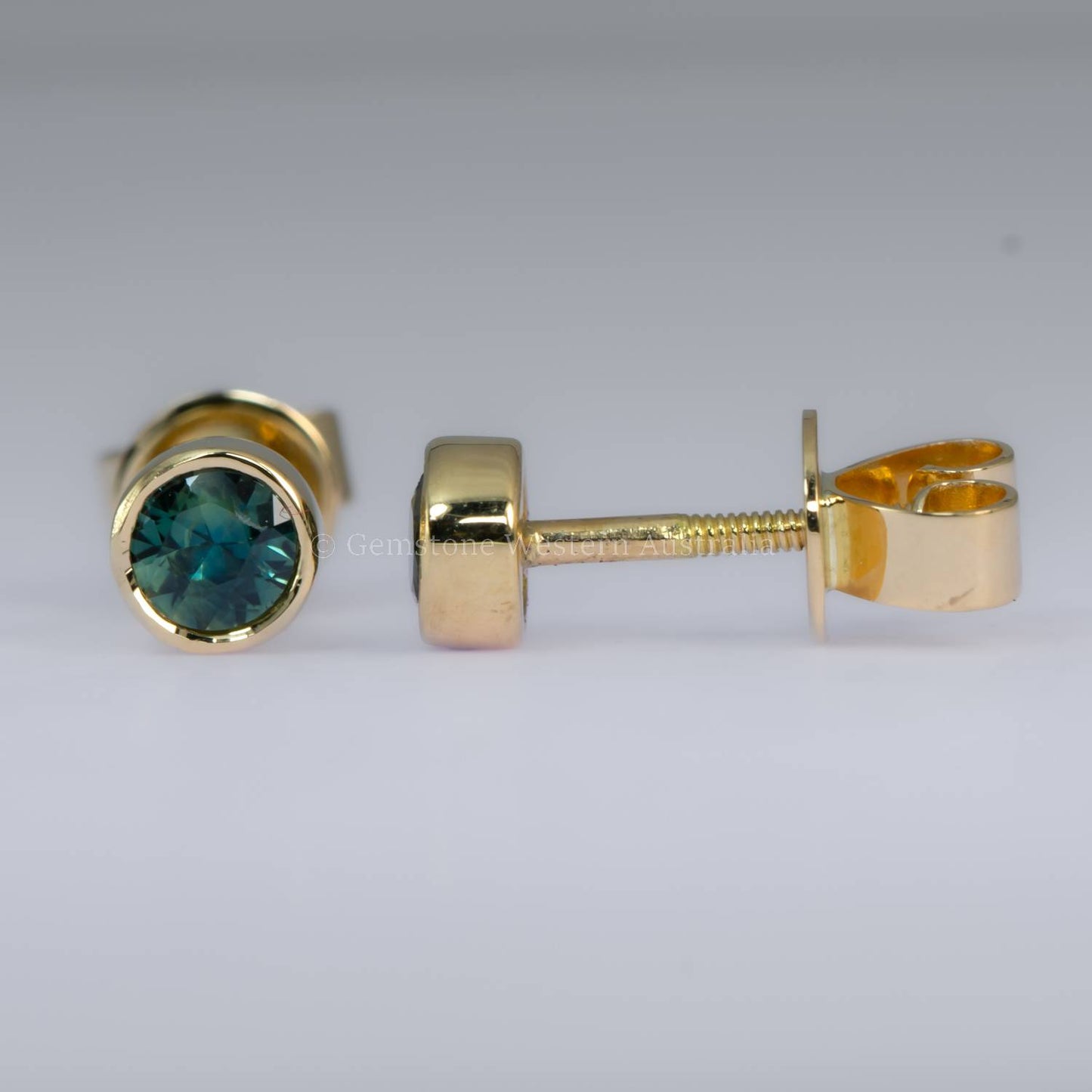 Australian Teal Sapphire Bezel Stud Earrings in 18K Yellow Gold